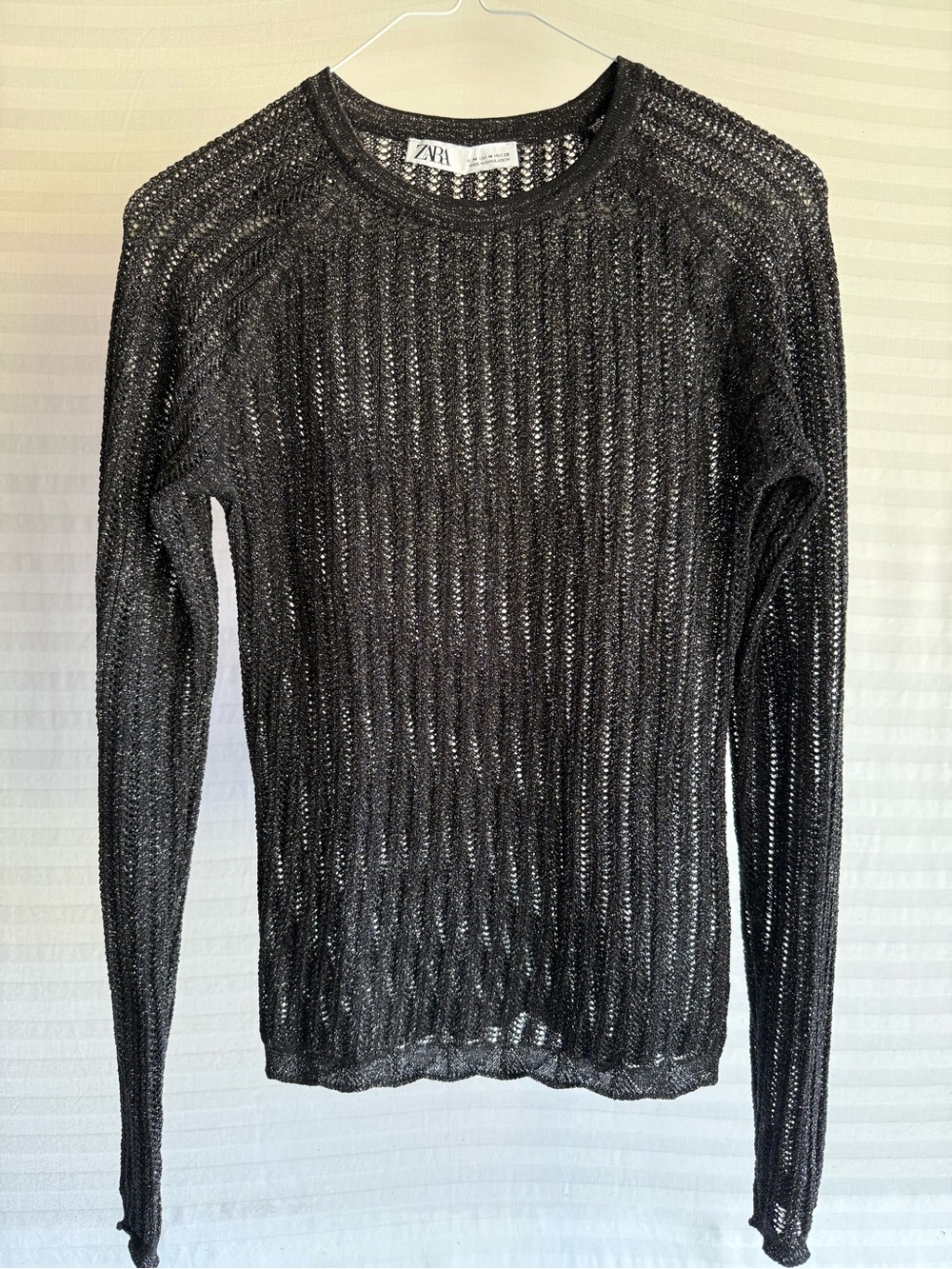 Zara Metallic Thread Open Knit Long Sleeve Top - Black
